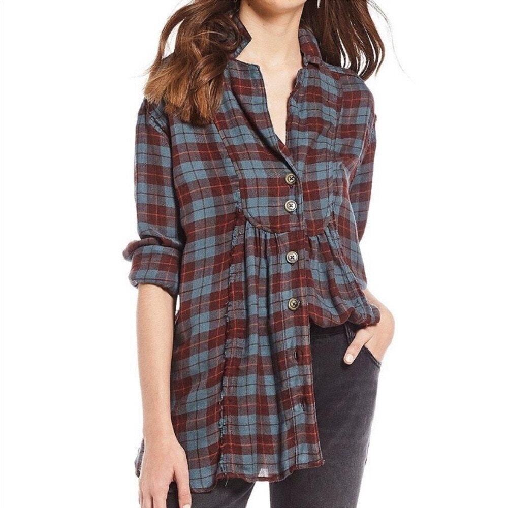 Free People All About the Feels Plaid Long Sleeve Button Down Blouse Size M Top